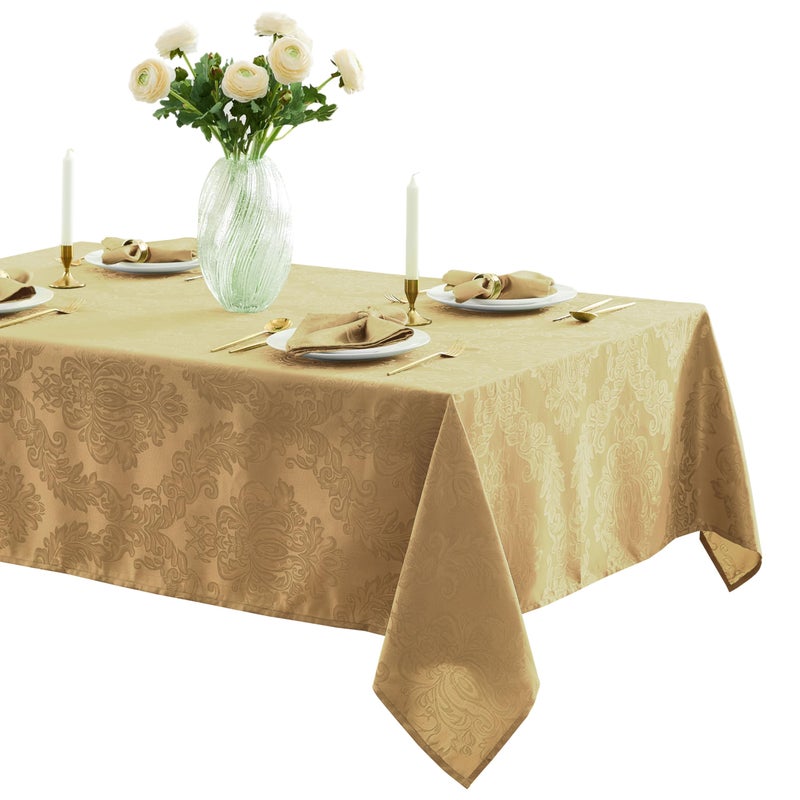 Newbridge Barcelona Damask Fabric Tablecloth, 52 x 70 Inch Rectangle, Gold â€“ No Iron, Soil Resistant Table Cover for Dining, Parties and Holidays - Image 1